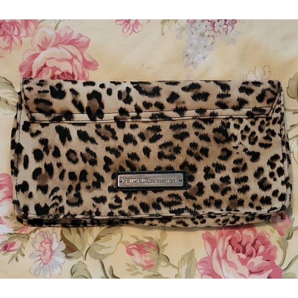 BCBG Faux Leopard Print Suede-like Clutch Evening Bag
